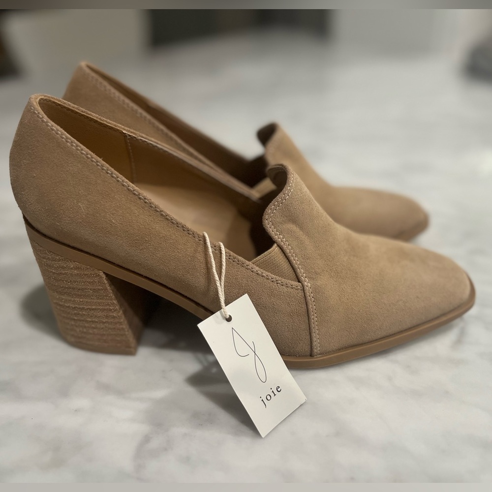 NEW Joie Wevenly Faux Suede Tan Loafers w/Square Toe & 3” Block Heel. Size 8!